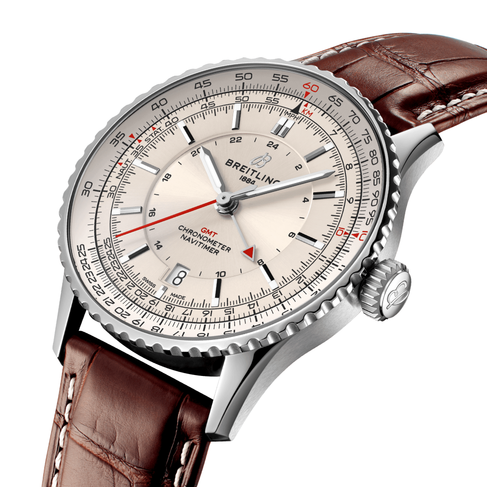 Navitimer Gmt Breitling Navitimer Automatic GMT 41 Silver Leather | AMJ Watches