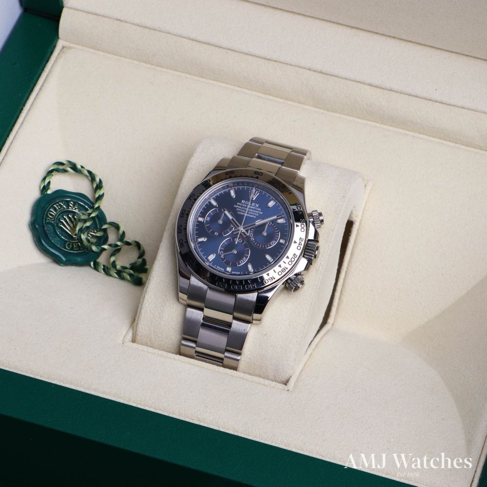 Rolex Daytona 116509 White Gold Blue AMJ Watches